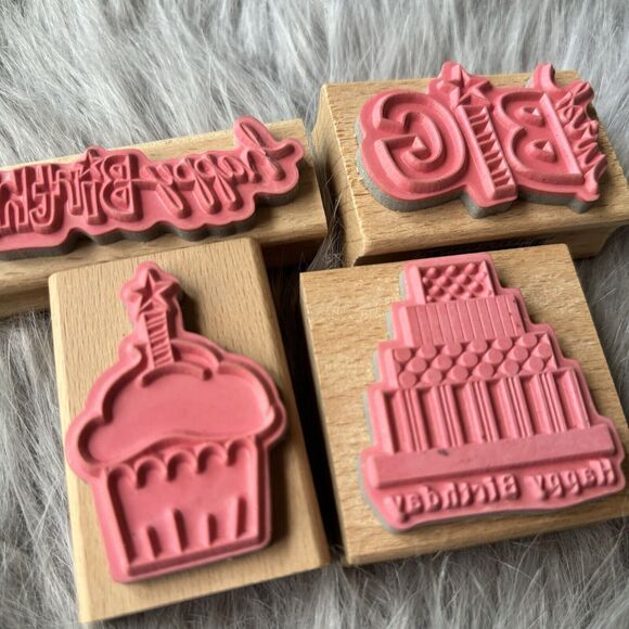Lot Of 4 Wooden Rubber Stamps Happy Birthday Wish Big Cake Party Scrapbooking - Picture 4 of 4
